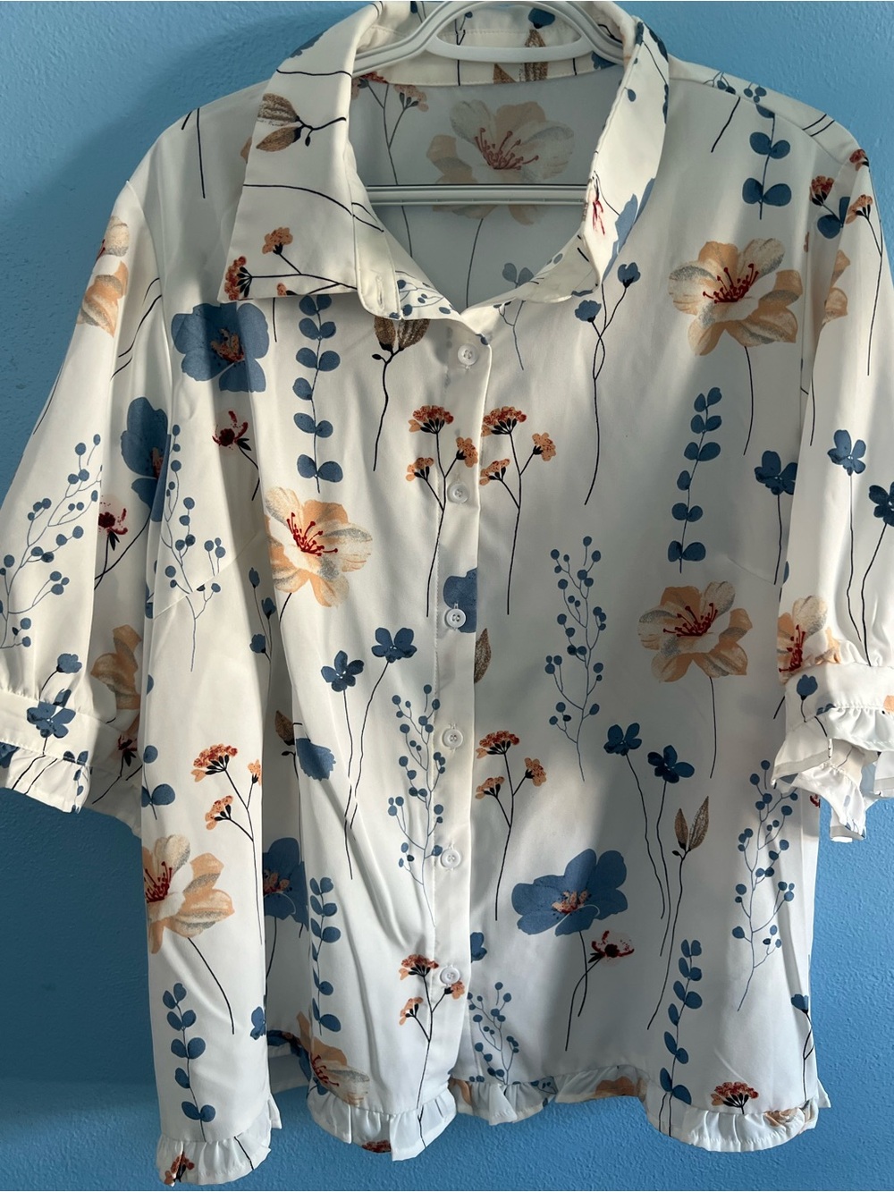 SHEIN Cream Floral Button-Up Blouse with Blue and Tan Flowers